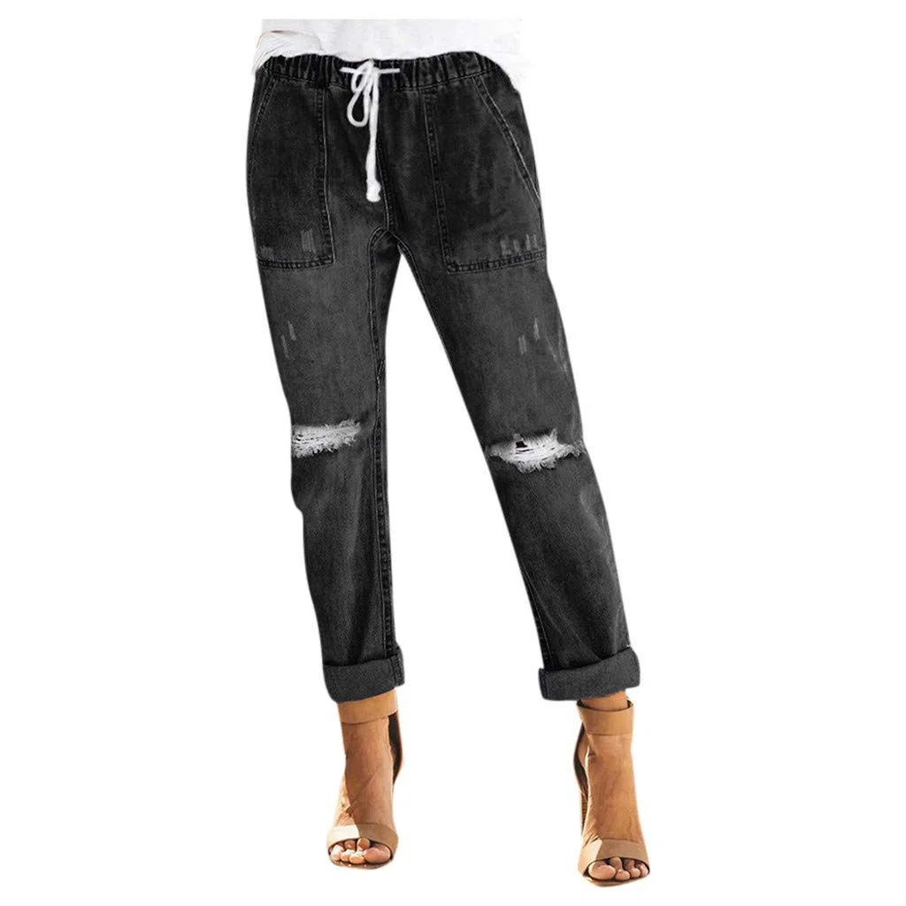 Jeans da donna strappati boyfriend elasticizzati con coulisse pull on comodi pantaloni da jogging in denim premaman classici lavati invecchiati Destoryed Denim Pantaloni casual arrotolabili in carta