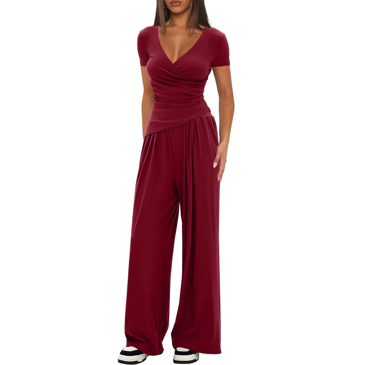 LIAMERHE Set Due Pezzi Donna Estivo Casual Manica Corta Scollo a V a Portafoglio e Pantaloni Larghi a Vita Alta con Tasche Tuta Sportiva Elegante Completo Loungewear e Abbigliamento da Casa