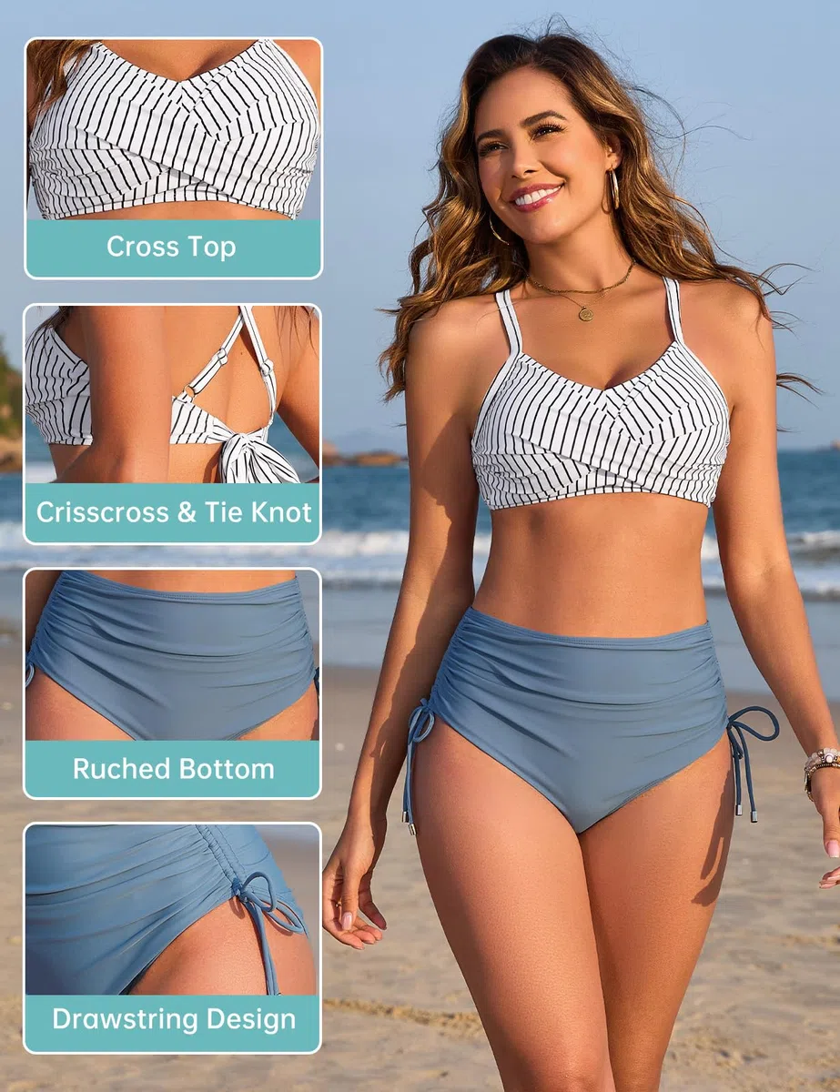 Donna Costume da Bagno Vita Alta Push Up Bikini Due Pezzi Sexy Tummy Control Costumi con Drawstring
