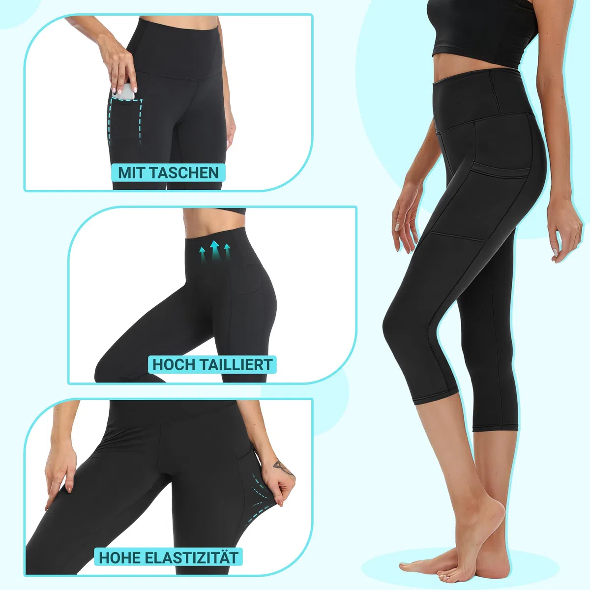 HIPOWER Confezione da 3 leggings da donna con tasche, Capri sportivi a 3/4, da donna, 7/8, a vita alta, yoga, estivi, per fitness e palestra
