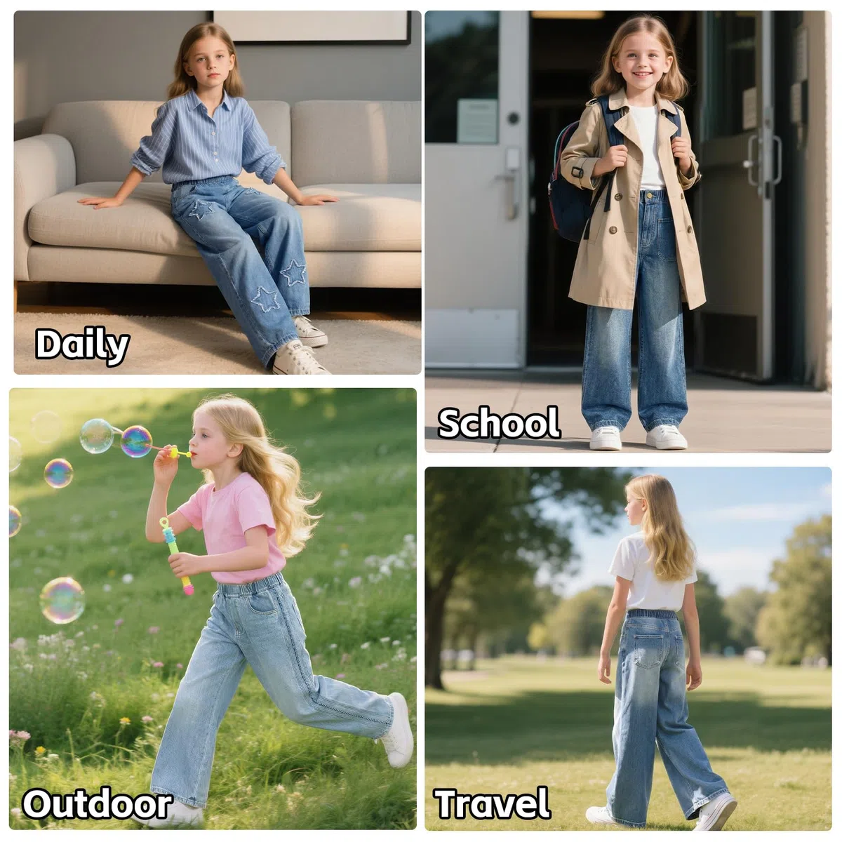 Jeans Ragazze Bambina Baggy Loose Fit Denim Pantaloni Gamba Larga Lunghi Jean con Vita Elastica Blu Casual Stretch Denim Pants con Tasche Moda Versatile Streetwear per Ragazza 7-15 Anni