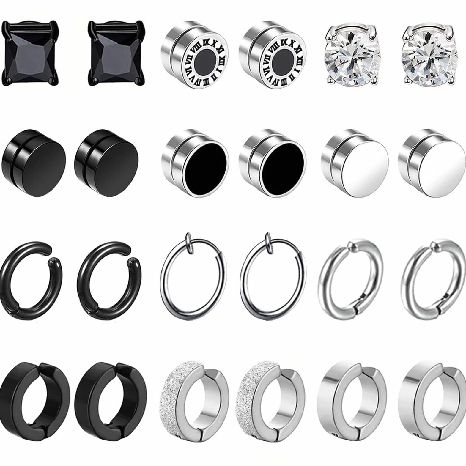 12Paia Orecchini Magnetici Uomo Senza Buco Orecchini con Calamita Acciaio Inossidabile Cerchio Orecchino Clip Non Piercing Orecchino Finti Nero Set Argento
