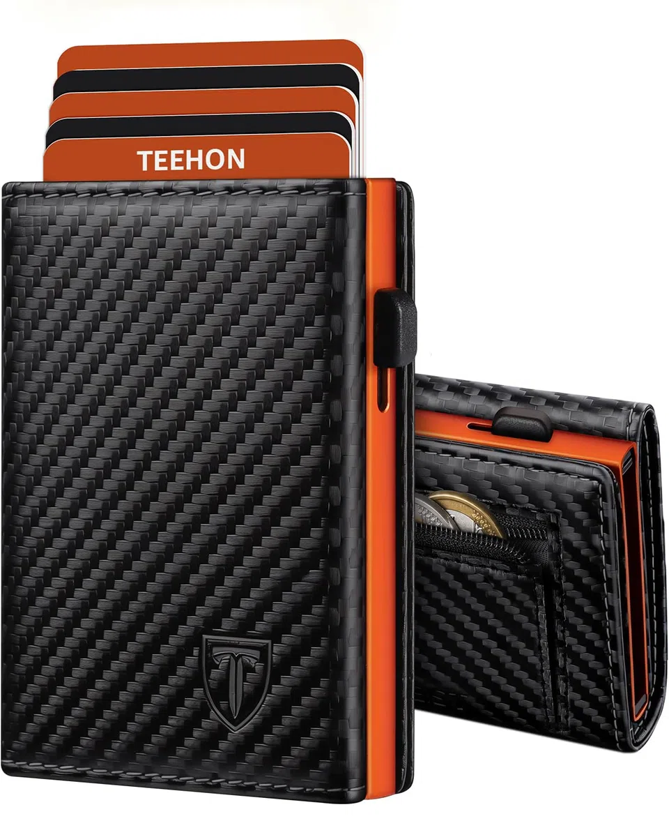 TEEHON Portafoglio Uomo Slim RFID Blocking, Magnetica Fibra di Carbonio Porta Carte di Credito Uomo - ID Window, Tasca Portamonete con Cerniera, Scomparto per Banconota (Classico, Nero Arancione)