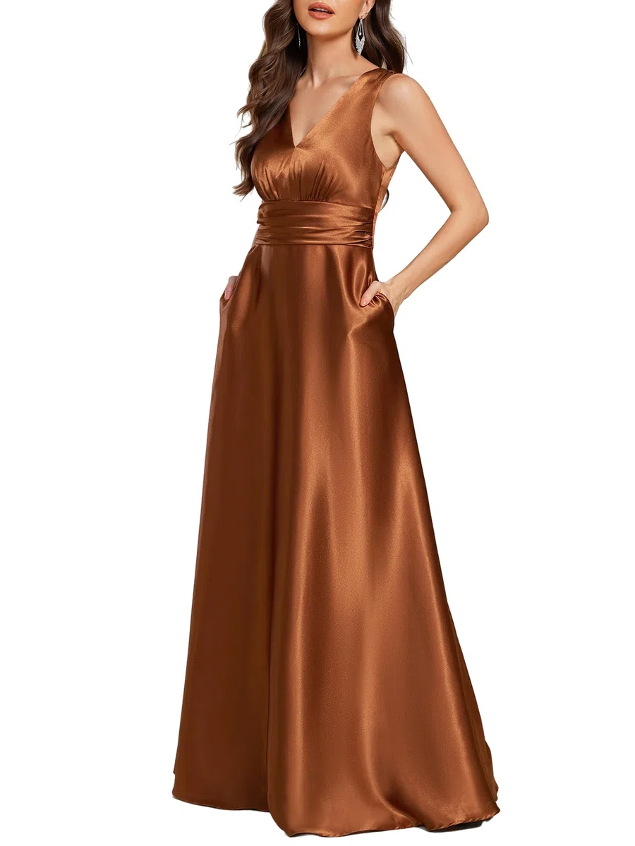 Ever-Pretty Abito Cerimonia Donna Eleganti Lungo Raso Senza Maniche Abito Damigella d'Onore Vestito Elegante Scollo a V ES02326