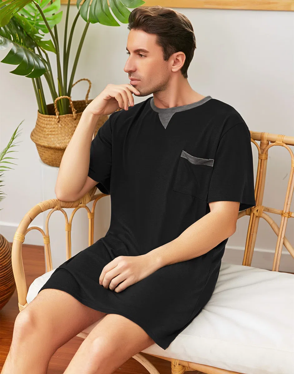 Maglie Pigiama Uomo Maniche Corte Abbigliamento da Notte Cotone Camicie Lunghe per Dormire