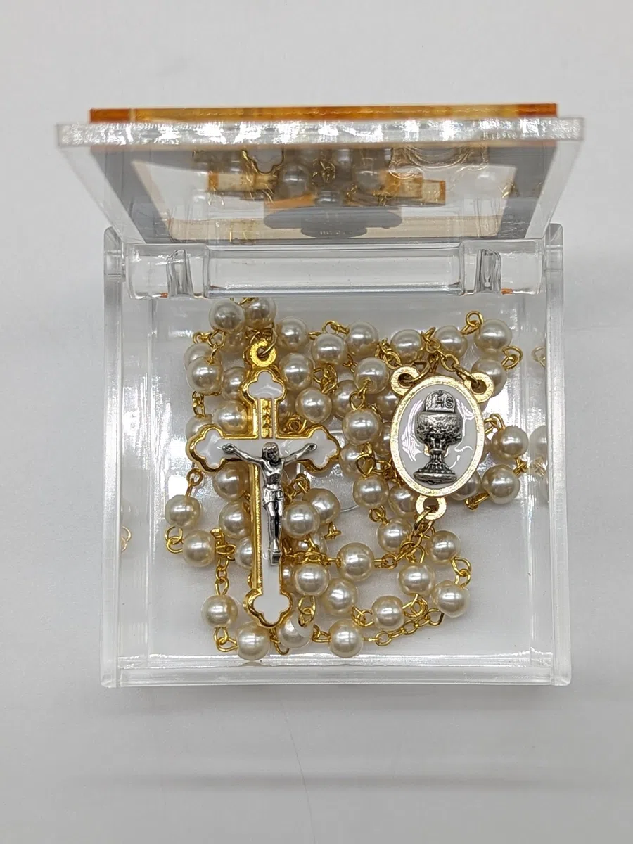 OVUNQUE PROTEGGIMI Rosario per la Prima Comunione. Con scatola Porta Rosario. Regalo per Bambini. Bomboniera. Comunione. Catechisti. Porta confetti. Rosario per Bambini.