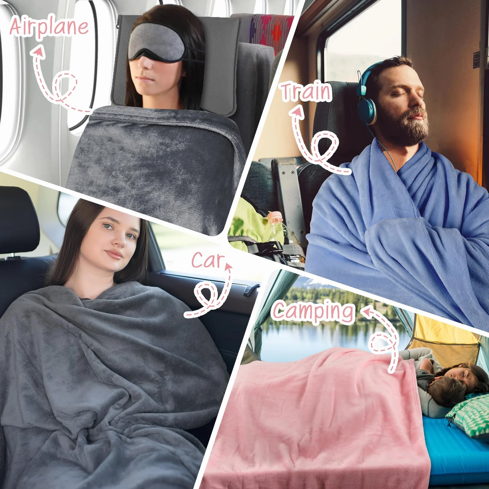 Coperta da Viaggio in Pile Con Cuscino - Pieghevole per Aereo, Auto - Gadget da Viaggio Portatile per Adulti, Bambini - Custodia, Manica Bagagli, Clip per Zaino