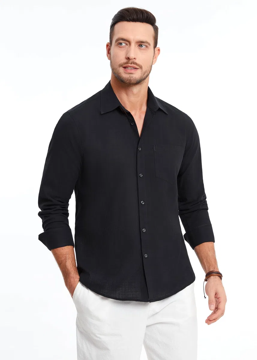 HISDERN Camicie in Lino e Cotone Uomo Manica Lunga Causal Bottoni Regular Fit Estiva Leggere Camicia Spiaggi Shirts con Taschino