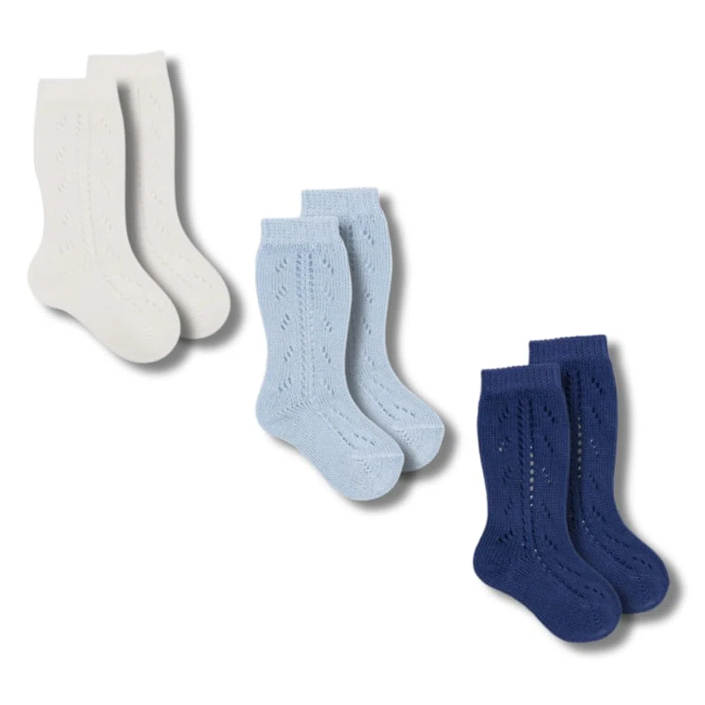 Coccoli | 3 Paia di Calzini Lunghi Neonato in Cotone Elasticizzato con Motivo Traforato, Calzini Traforati Neonato a Tinta Unita, Made in Italy