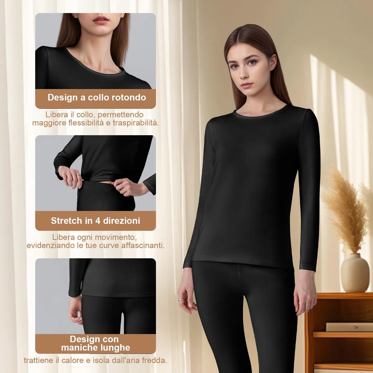 Channo Intimo Termico Donna Completo: Maglia a Maniche Lunghe e Pantaloni Comodi Morbidi Traspiranti con Fodera in Pile Ideali per l'inverno