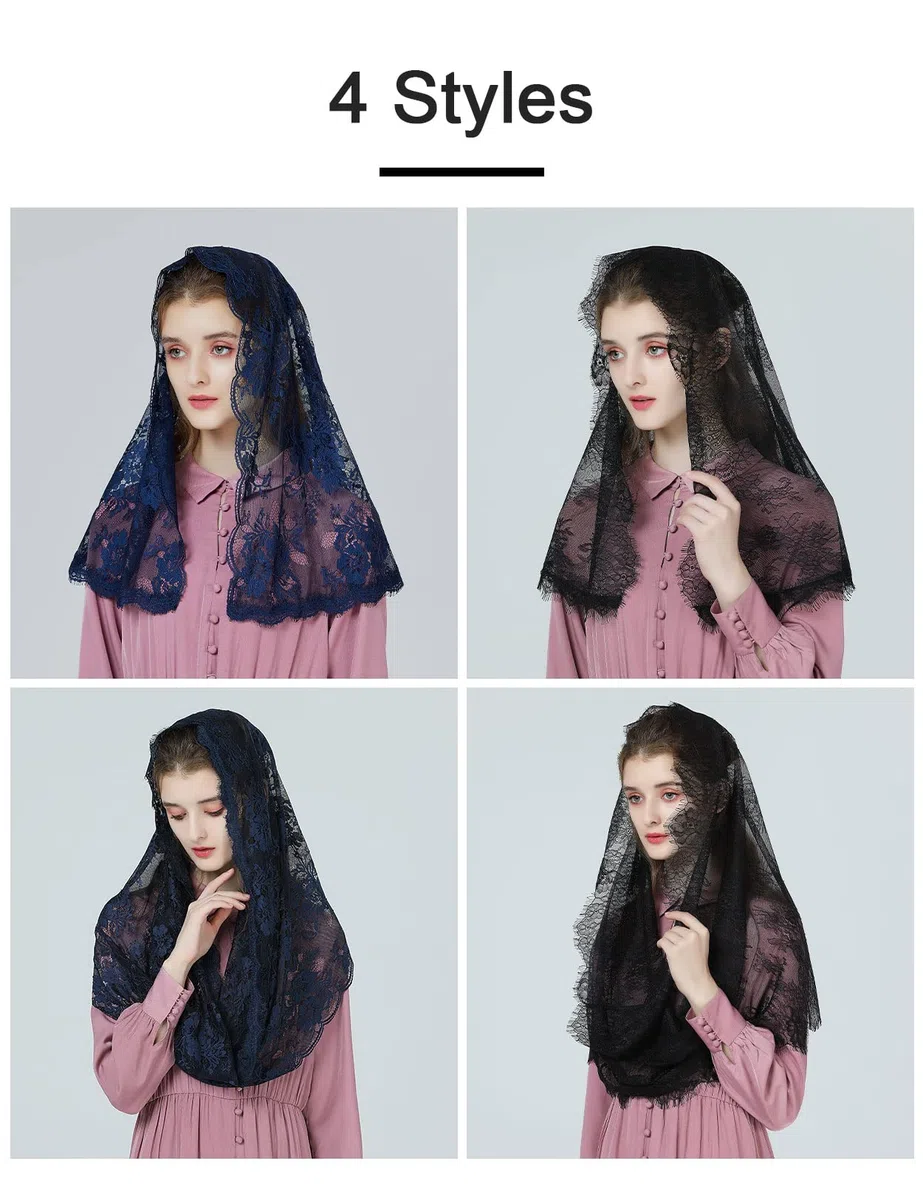BEAUTELICATE Velo di Pizzo da Chiesa Donna Cattolica Mantilla Sciarpa Copricapo Foulard Velo Muliebre per Chiesa Messa In Latino Nero Blu V115