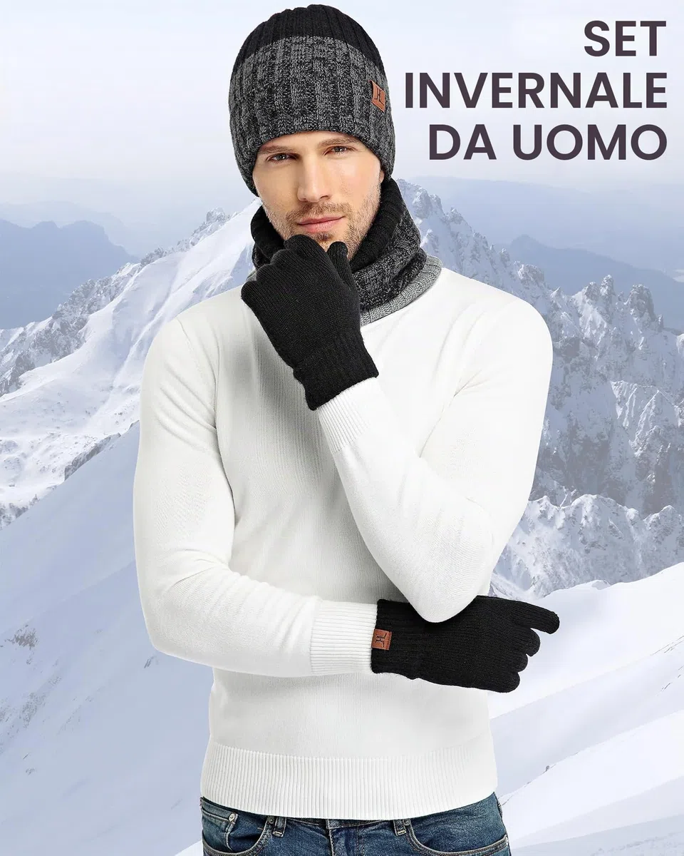 ZASFOU Set di guanti invernali da uomo, in maglia, con protezione touch screen, con cappuccio e teschio, foderati in pile