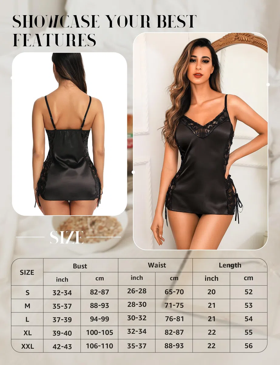 RSLOVE Lingerie Donna Babydoll Indumenti da Notte di Seta Sottoveste Sexy in Pizzo Vestaglia