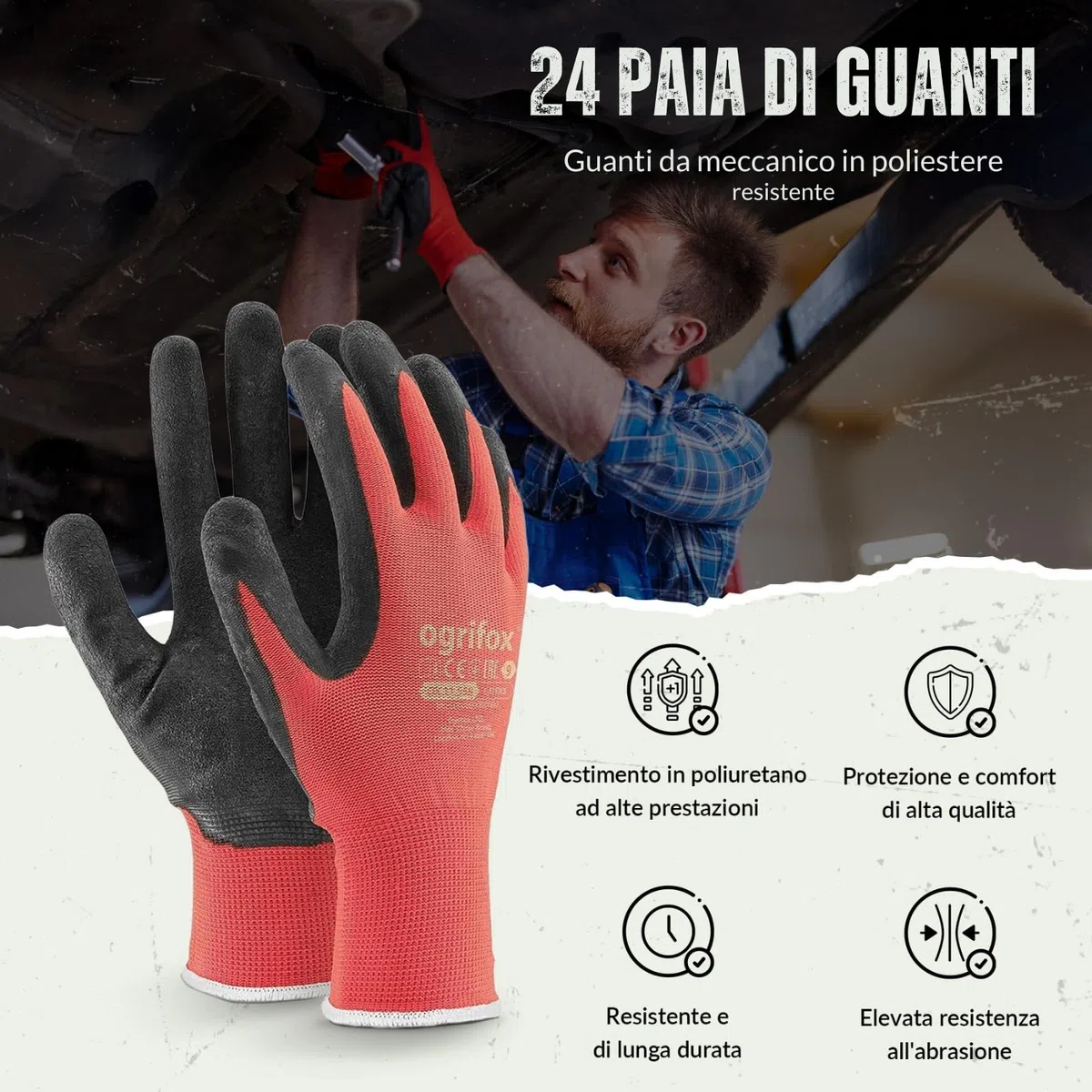 24 paia di guanti da lavoro e supporto clip per guanti FUZZIO (L - 9, Rosso)