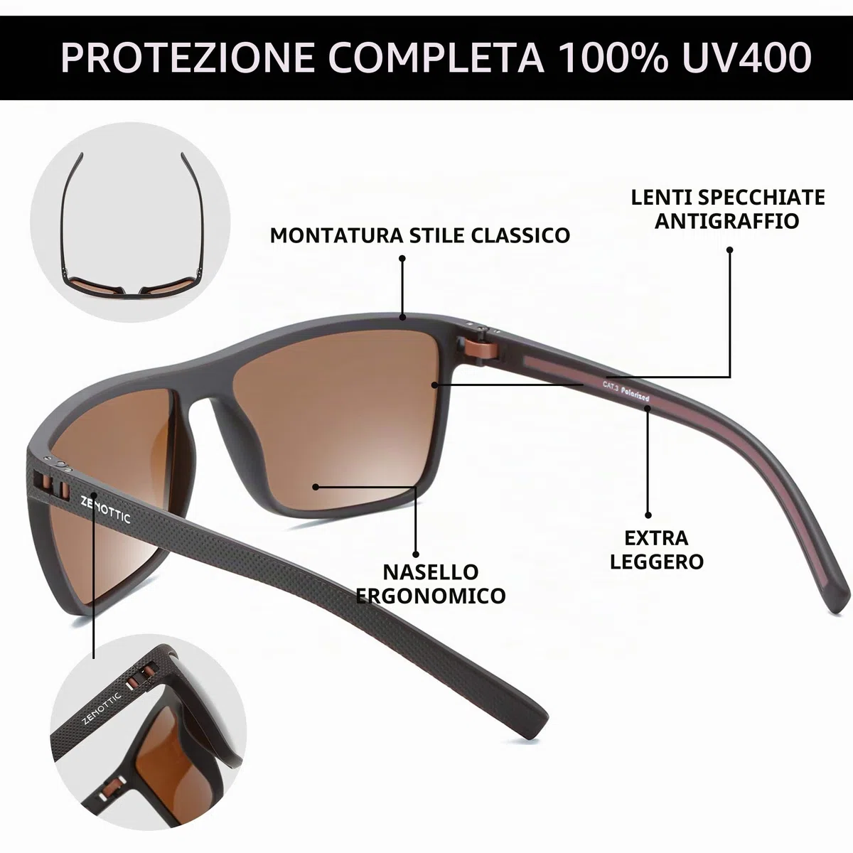 ZENOTTIC Occhiali da Sole Polarizzati Quadrati da Uomo: Montatura Ultraleggera in TR90 — Occhiali per Guidare, Pesca, Ciclismo e Protezione UV400