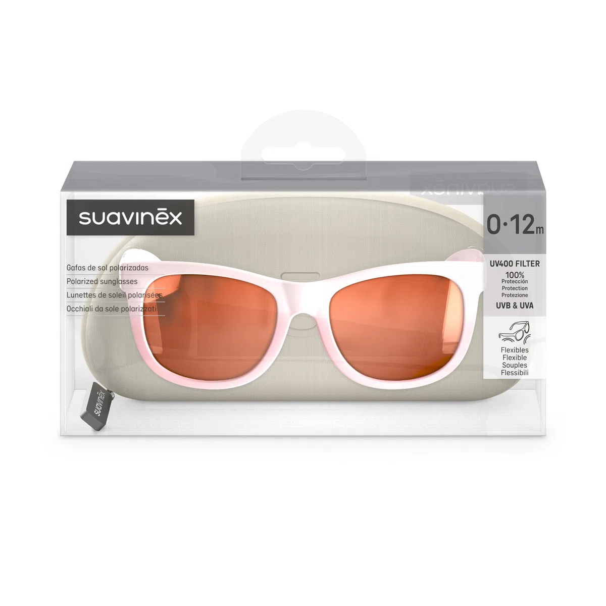 Suavinex, Occhiali da sole neonati da 0 a 12 mesi, polarizzati, con filtro UV 400, Cat. 3 100% di protezione dai raggi UVA e UVB, custodia inclusa, flessibili, leggeri, forma quadrata, rosa
