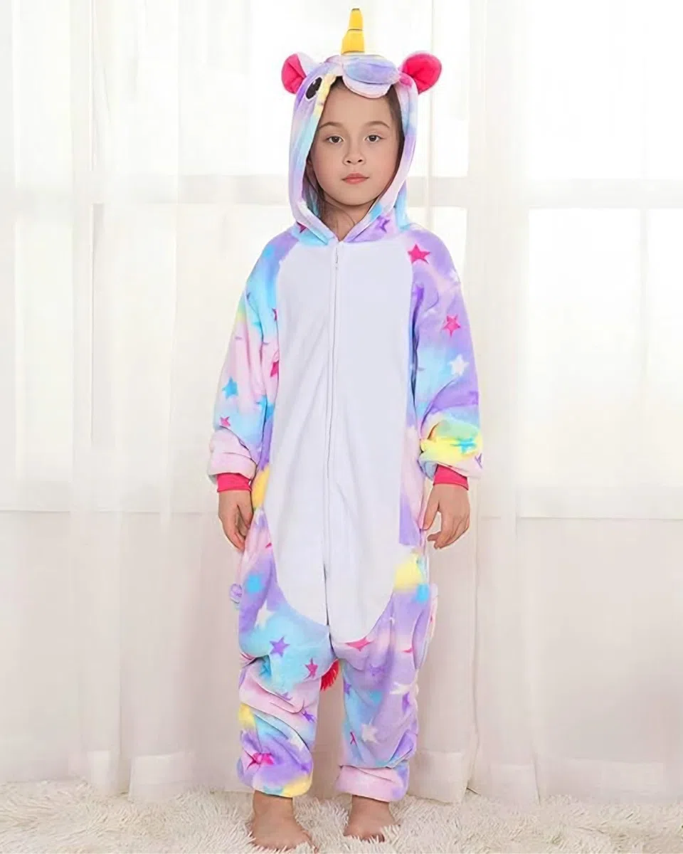 GEEKEO Unicorno Pigiama Intero - Pigiameria Onesie Bambini Cosplay Cartone Animato Animale con Cappuccio Festivo Tutine Bambina & Ragazza Intero Pigiama per Halloween Festa Carnevale