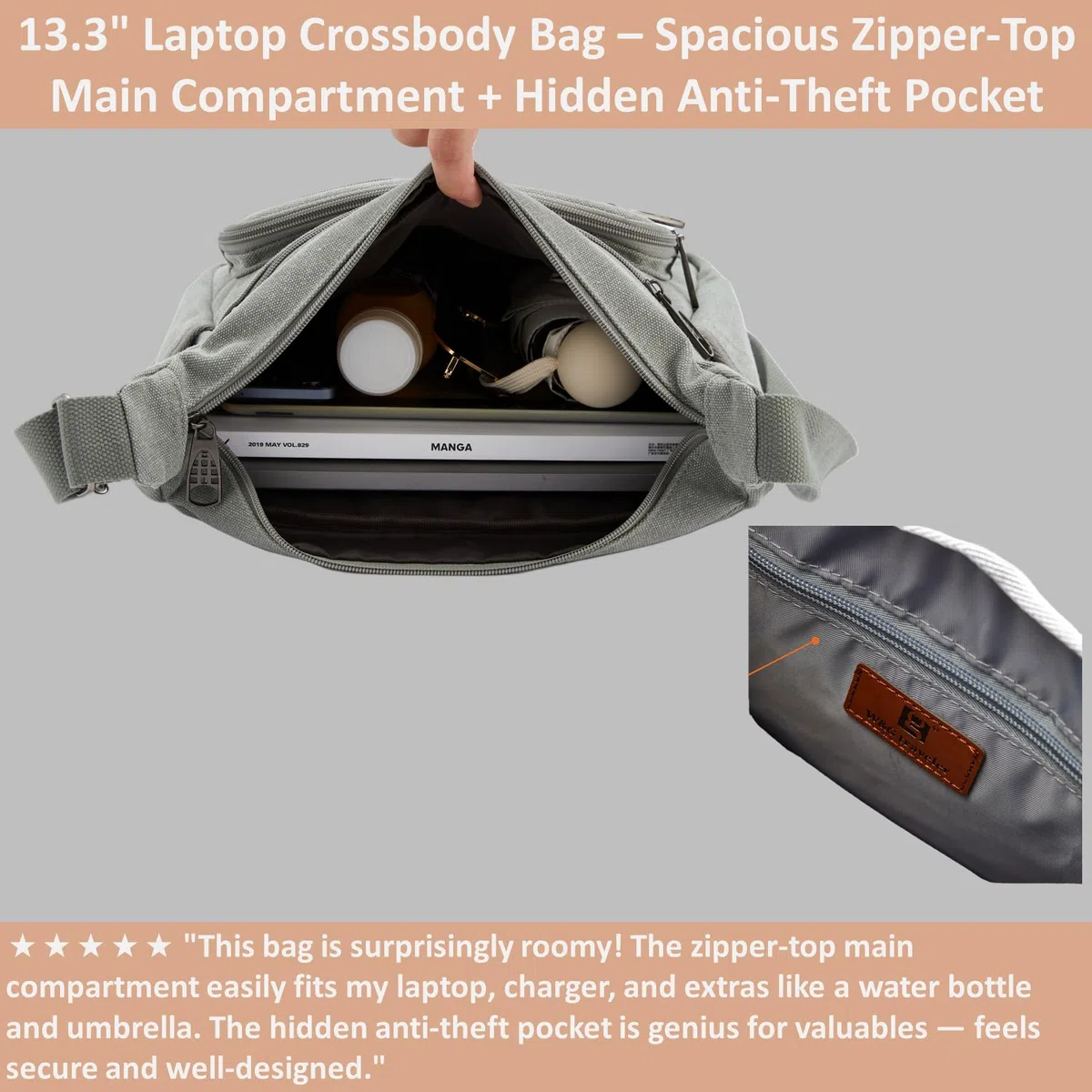 W&G traveler Borsa di tela Messenger, borsa crossbody del computer portatile da 13 pollici, borsa a tracolla della macchina fotografica di Sling Sathel per gli uomini Donne