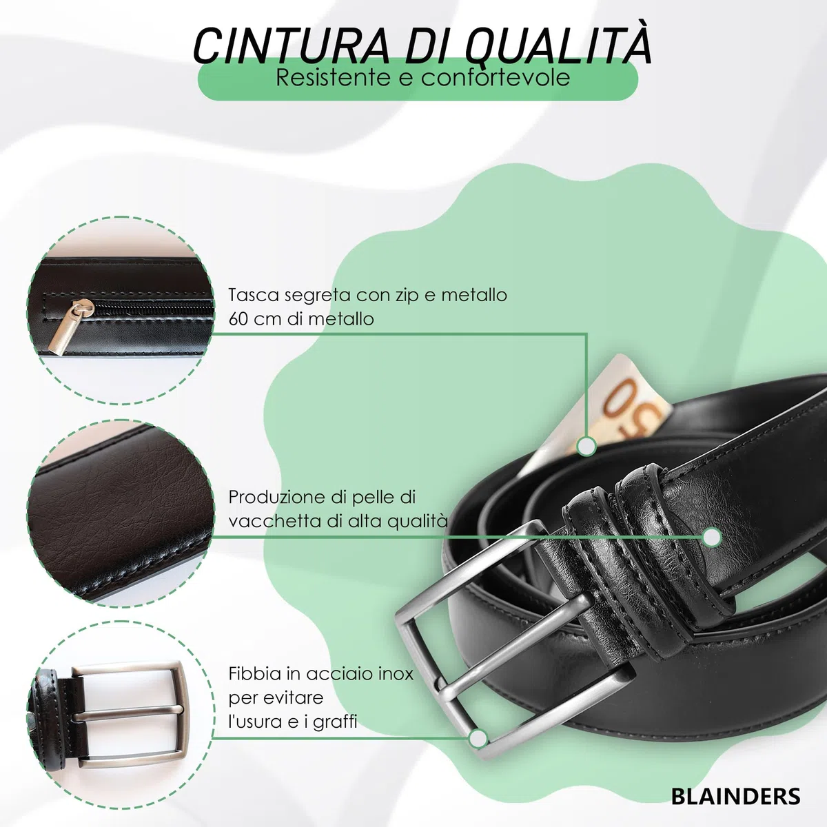 Cintura Portasoldi Nascosta per Viaggio, Cintura in Pelle con Portafoglio Interno per Uomo e Donna, Adatto a Tutte le Cinture. Moschettone in Pelle incluso di Gratuito. (Nero)