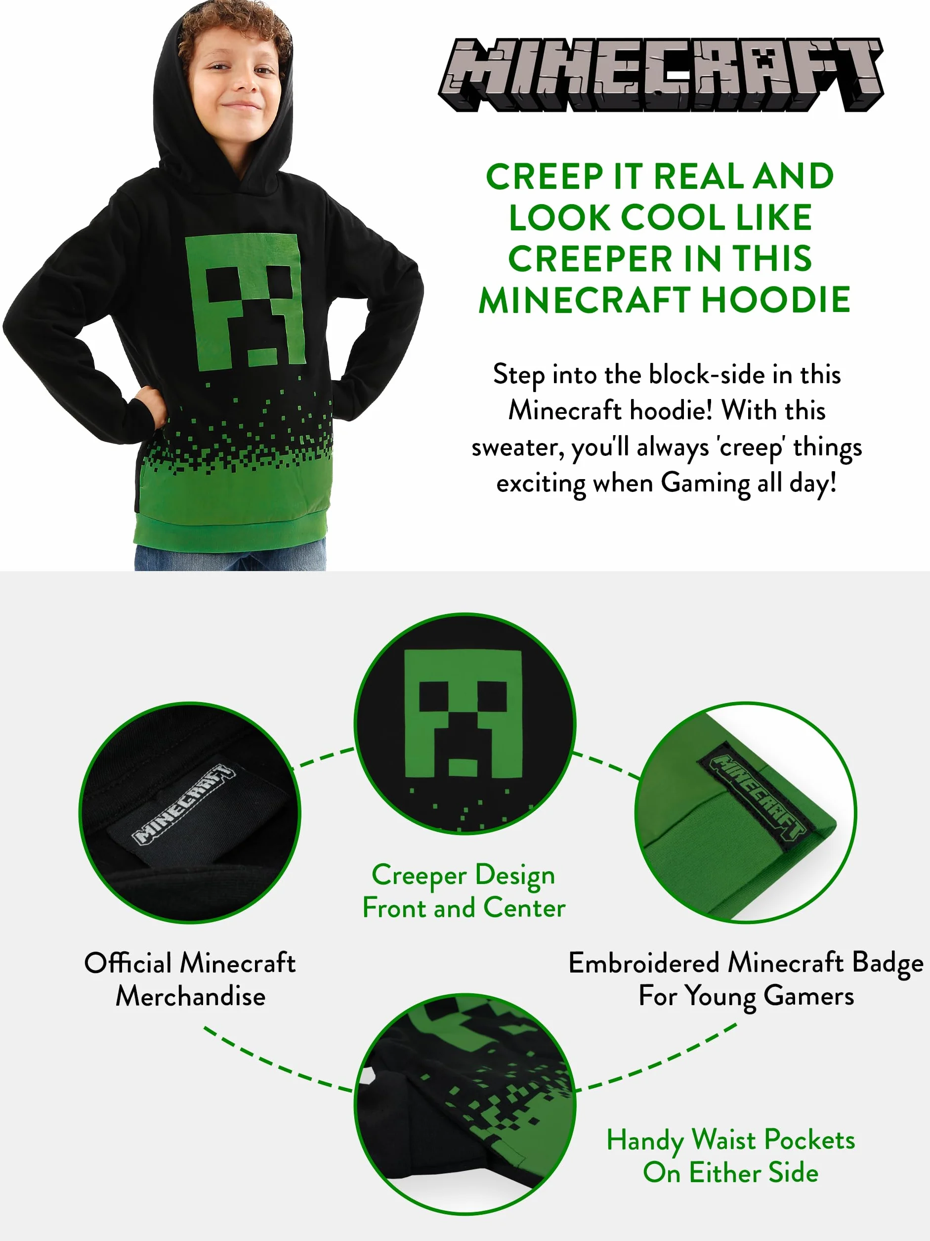 Minecraft Felpa con Cappuccio Ragazzi | Felpa con Cappuccio Creeper | Abbigliamento da Gioco per Bambini