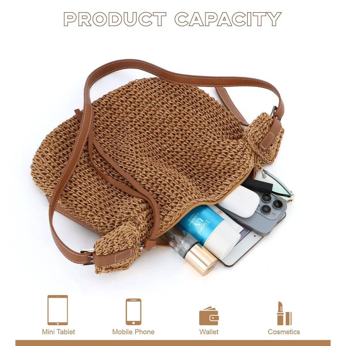 EVEOUT Borsa a tracolla in Rafia per Donna Estate Leggero Boho Borse Paglia Intrecciata per Spiaggia Vacanze Crossbody con Cerniera