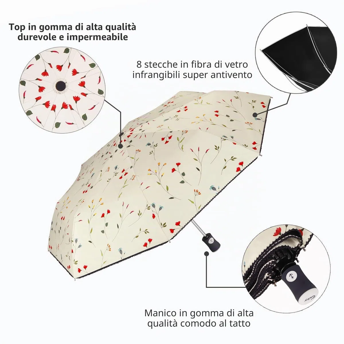 CUBY Ombrello da sole, compatto, pieghevole, da viaggio, con apertura e chiusura automatica, antivento, antipioggia, con protezione UV al 99,9% e rivestimento nero anti-UV