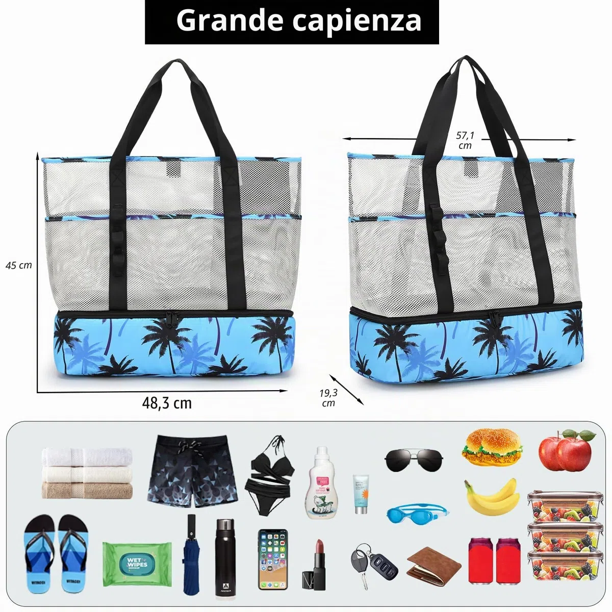 Borsa Mare in Rete Donna Grande Famiglia Borsa Frigo Mare Spiaggia Uomo Borsa Elegante e Resistente con Bottone Magnetico per Shopper Giocattoli Spiaggia Viaggio Vacanze