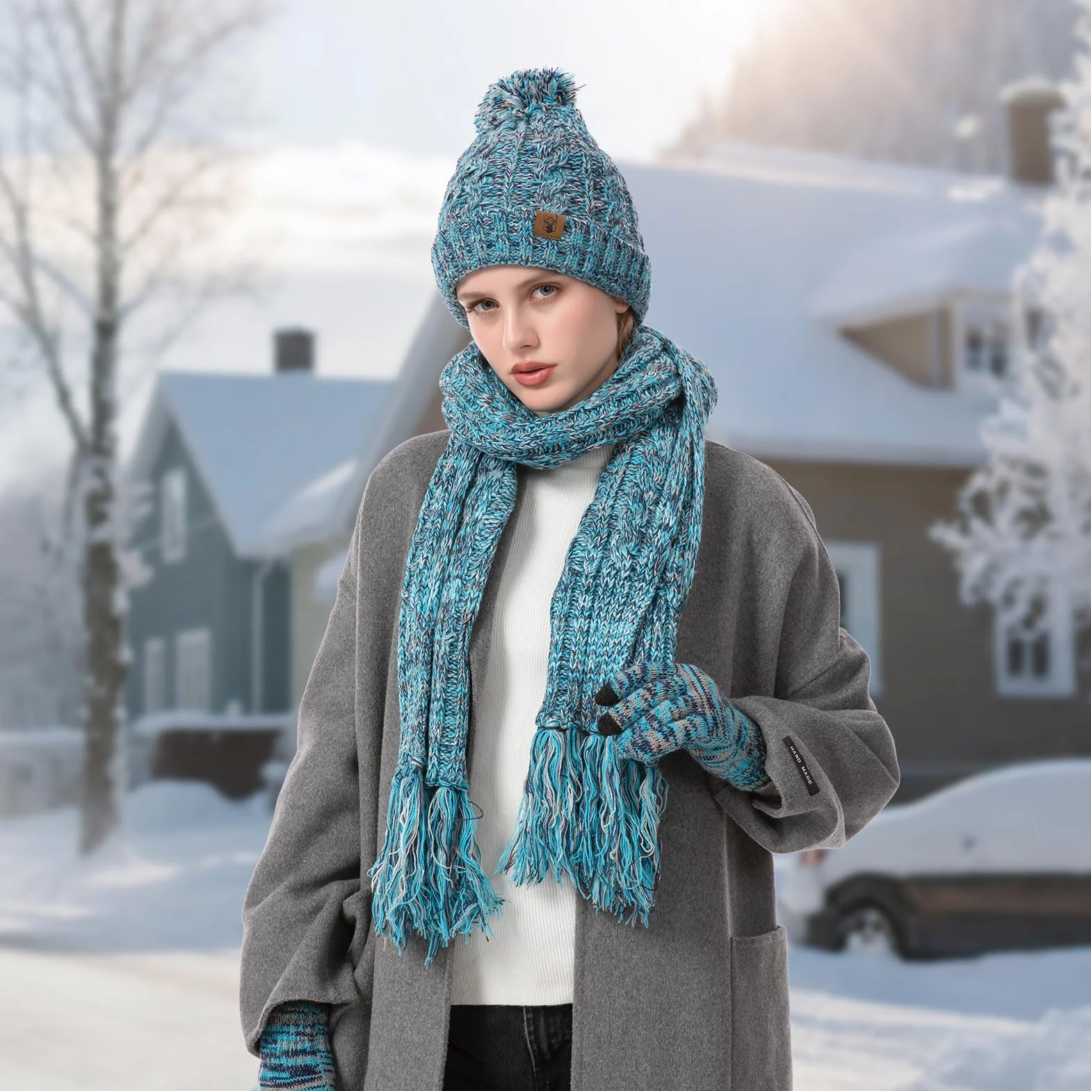Cappello Sciarpa Donna Invernale e Guanti Touch Screen Invernali 3 Pz Berretto con Pompom e Sciarpa con Frange Guanti Termici
