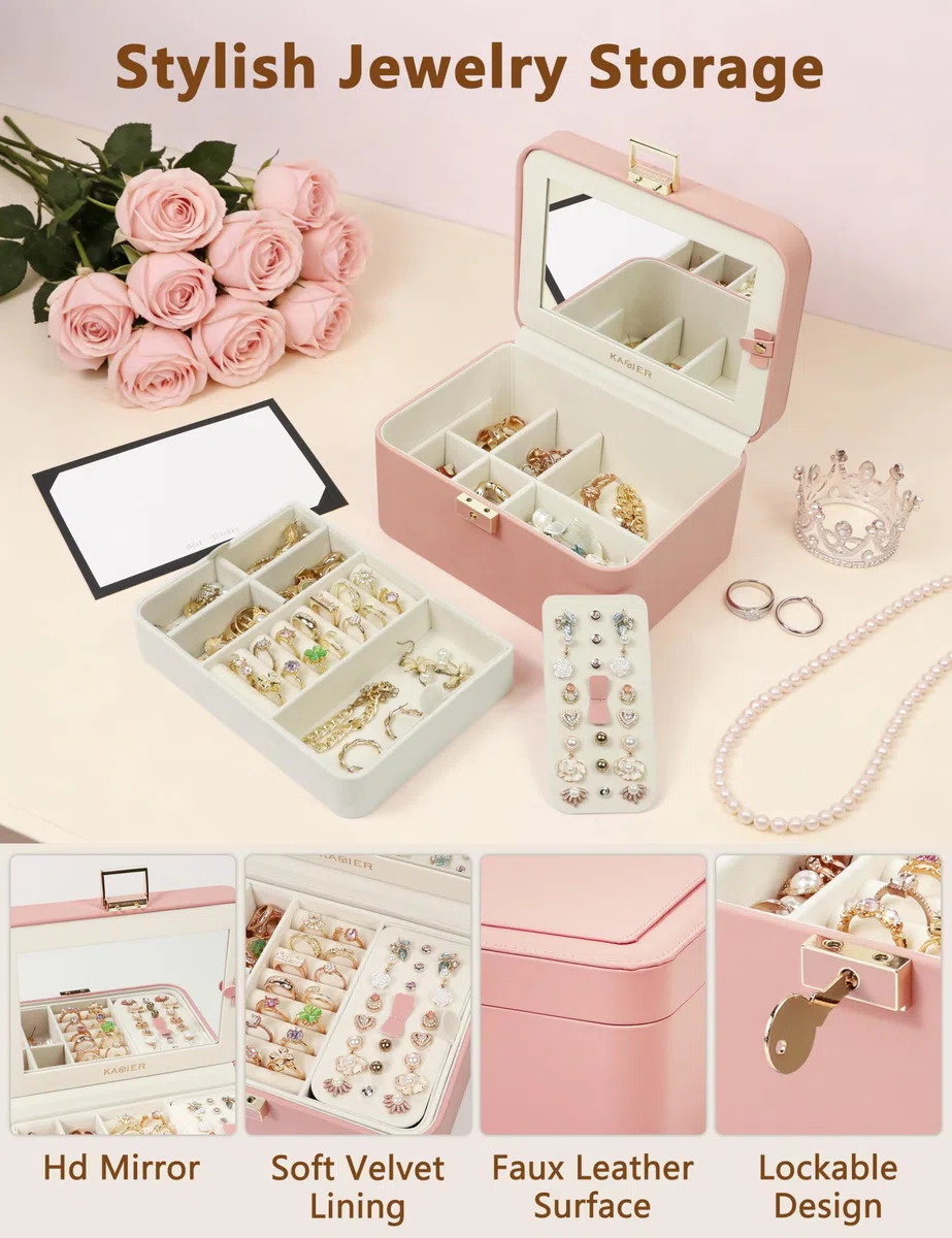 KAMIER Scatole di gioielli per le donne,2 strati PU Leather Travel Jewelry Box,Grande capacità,Doppia serratura e grande specchio,Ganci per collana nascosti,Divisori rimovibili,Confezione regalo