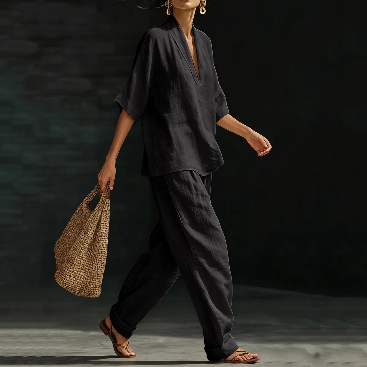Generico Completo Donna Elegante Cerimonia Completo Casual Da Donna In Due Pezzi V-Neck Manica Lunga Elegante Effetto Fresco Set Tuta Tuta Baggy Top E Pantaloncini Estivi Da Per L’Estate