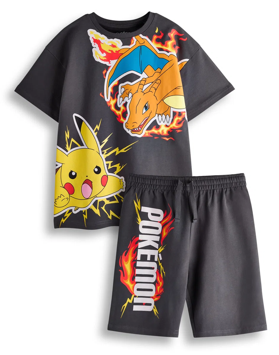 Pokemon Set di magliette e pantaloncini Boys | Kids Dark Grey Short Sleeve Graphic Tee & Bottoms Clothing Bundle | Pokeball di Pikachu Charizard Completo Outfit coordinato
