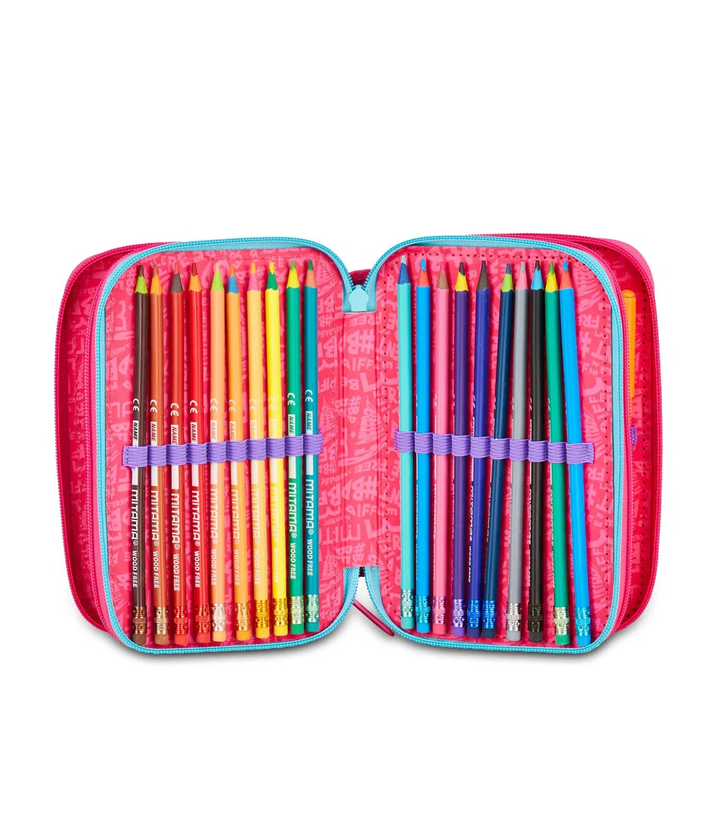 Mitama Astuccio Scuola 3 Scomparti, SUPER TRIPLO BUBBLE DREAMS, Contenuto 47 pz, Completo di Matite, Pennarelli, Portapenne Scuola Elementare Bambina