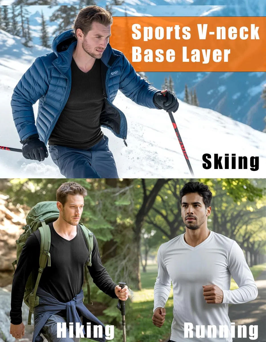 Lehmanlin Maglie Termiche da Uomo a Maniche Lunghe,Intimo Termico Uomo,Maglietta Basica con Scollo a V per Autunno e Inverno, Maglia Termica a Doppia Maglia