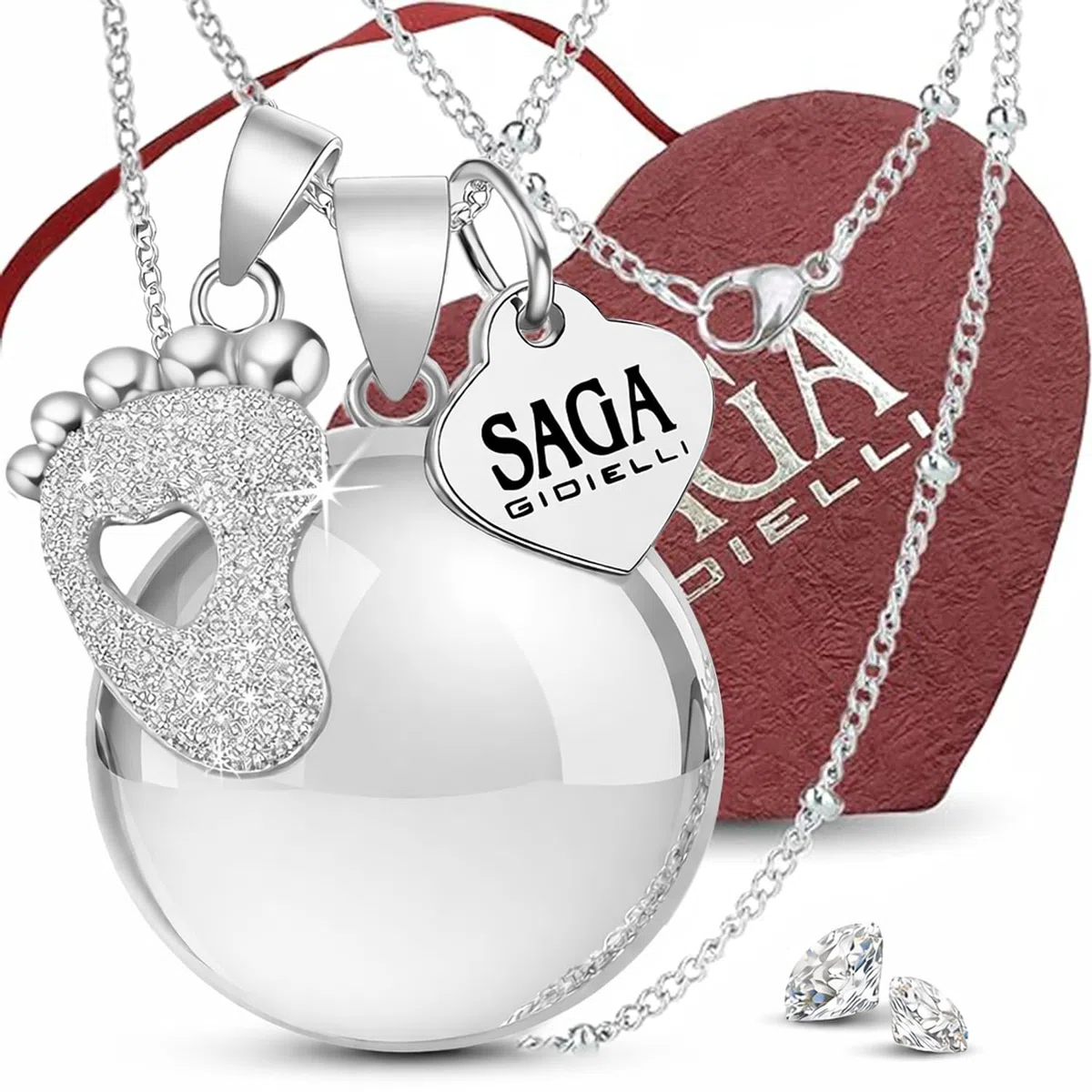 SAGA GIOIELLI - Collana Chiama Angeli Gravidanza Lunga con Ciondolo Richiamo Degli Angeli Gravidanza, Idee Regali per Donne Incinte come Porta Fortuna, Regalo per Futura Mamma (Piedino Cristalli)