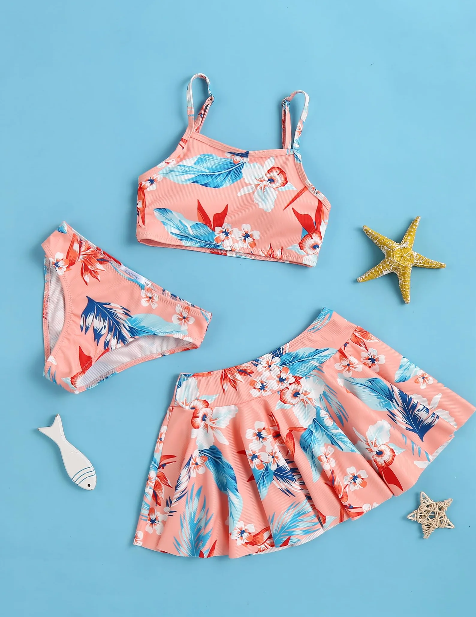 Arshiner Ragazze Bikini Set 3 Pezzi Costumi da Bagno Estivi Bambini Tre Pezzi Tankini con Gonna Stampa Floreale Costumi da Bagno Bikini per Bambina