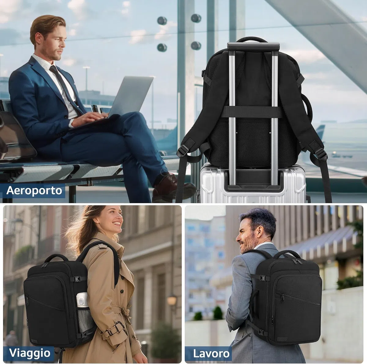 Zaino Ryanair 40x30x20, 25L Bagaglio a Mano Aereo Zaino da Viaggio per Donna Uomo, Impermeabile Zaino per 15.6 pc Travel Bag Compatto Leggero per Eurowings, Wizz Air, ITA Airways, Easyjet, Nero