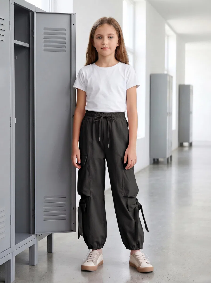 JiAmy Pantaloni cargo larghi da ragazza, con fiocco, elastico in vita, gamba larga, traspiranti, Y2K, estivi, casual, per danza, scuola, gioco, 5-14 anni