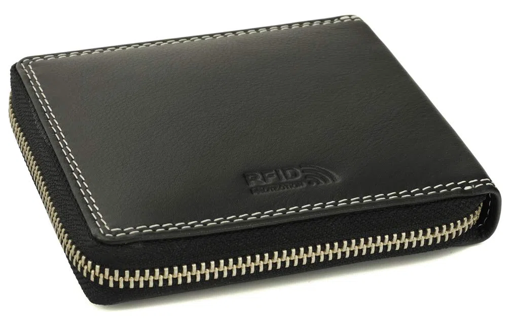Fa.Volmer ® Portafoglio in pelle nera in vera pelle di vacchetta con robusta cerniera esterna Protezione RFID - Certificato TÜV - # BlZip07
