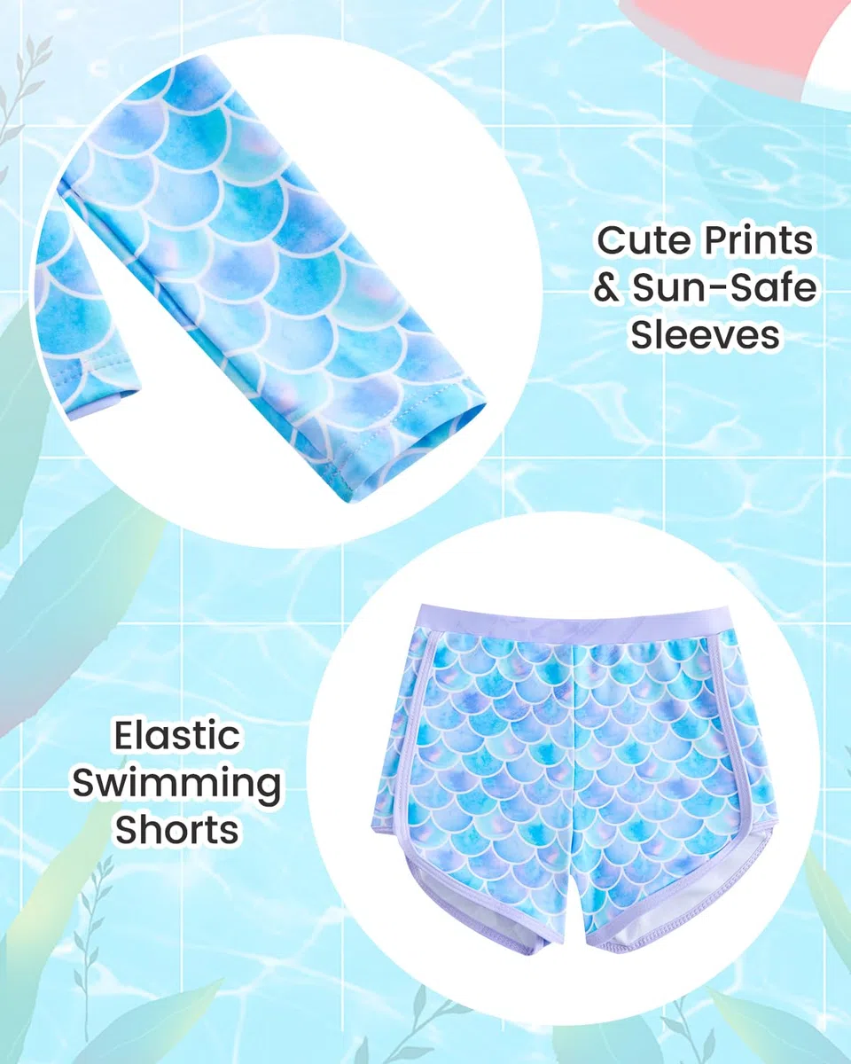 JiAmy Costume da bagno a due pezzi per bambine, a maniche lunghe, con cerniera, UPF 50+, protezione solare 4-7 anni