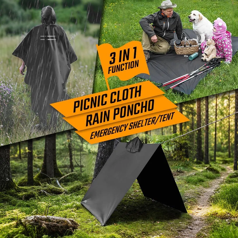 flintronic Poncho Impermeabile, Multi-Funzionale Riutilizzabile Poncho Pioggia con Cappuccio per Trekking Antipioggia Coperta da Picnic Tenda per Uomo e Donna