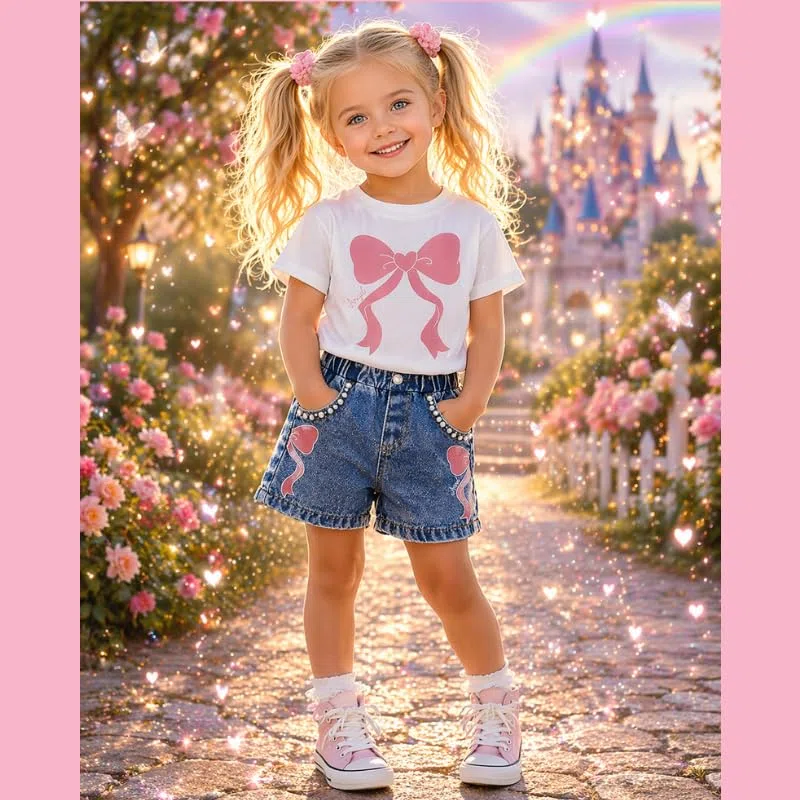 OrJana Completo Bambina 2 Pezzi con Unicorno, Maglietta con Volant e Jeans, Tema Unicorno e Arcobaleno