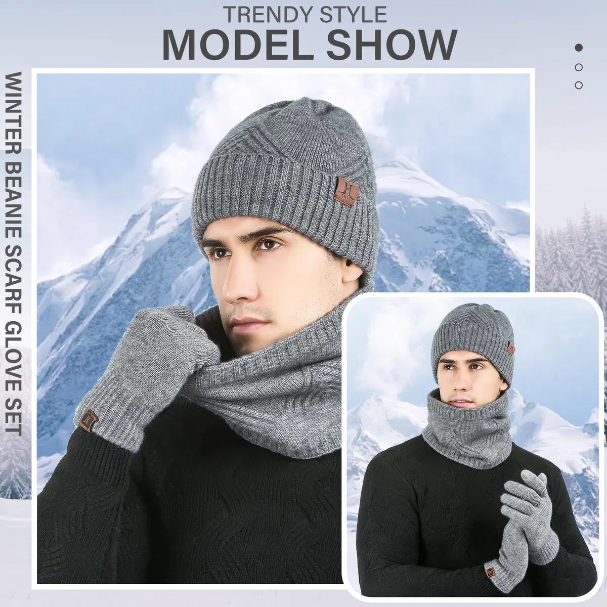 Uomo Invernale Termici Berretto Cappello Sciarpa Scaldacollo Touch Screen Guanti Set con Fodera in Pile
