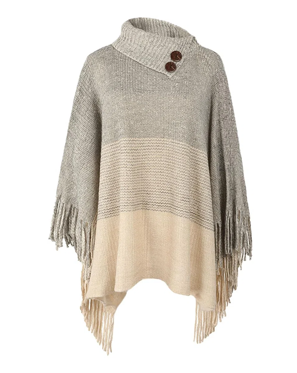 JFAN Poncho Donna Invernale Mantella Donna Poncio Invernali Caldo Elegante con Frange a Collo Alto con Maniche Bottoni