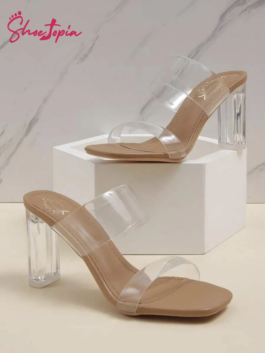 Shoetopia Eleganti tacchi trasparenti dettagliati per donne e ragazze, BEIGE, 3 UK