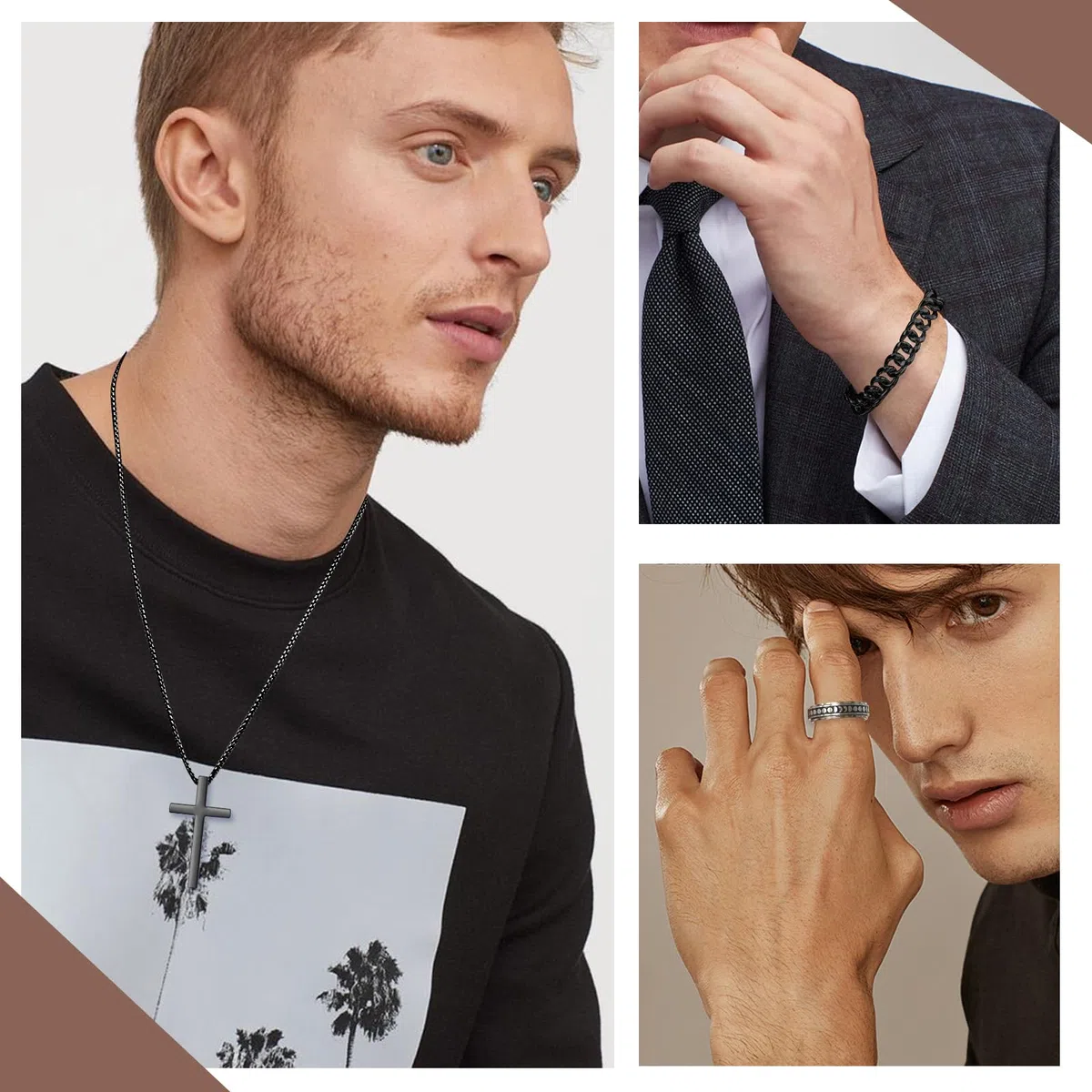 3 Pezzi Set di gioielli da uomo Collana con ciondolo a croce in acciaio inox Bracciale a catena cubano anello rotante Regali per uomini ragazzi