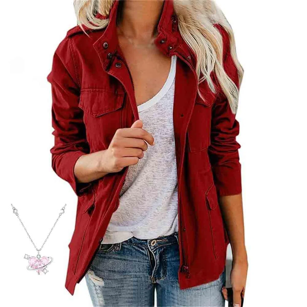 Generisch Giubbino militare da donna leggero casual chiusura lampo bottoni automatici utility cargo cappotti con tasca giacca marrone