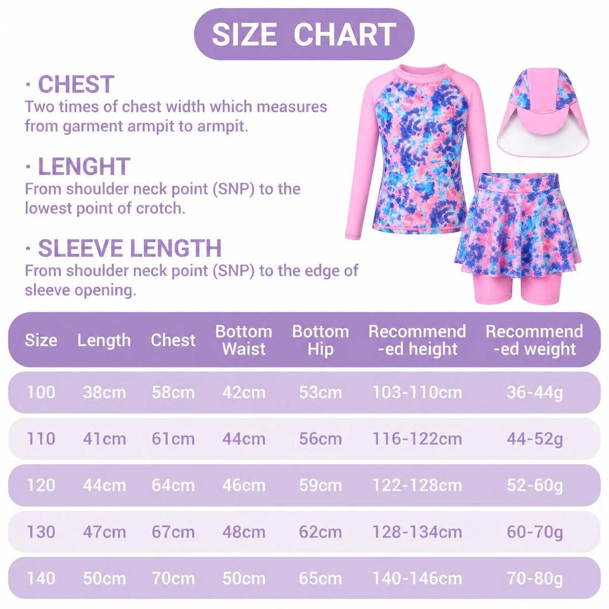Costume da bagno per ragazze, 3 pezzi, a maniche lunghe, protezione dai raggi UV, maglia con pantaloni corti e cuffia da nuoto, 4-9 anni