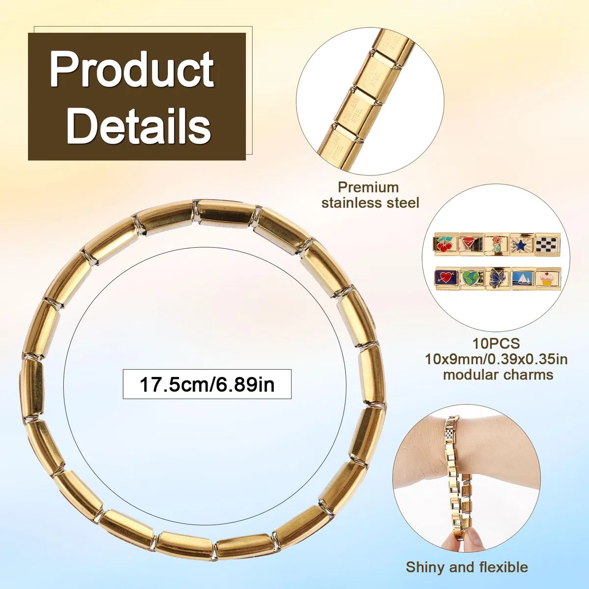 Braccialetto con Ciondoli Italiano, Bracciale Italiano in Oro con Strumento di Apertura e 10 Ciondoli Staccabili Ciondoli per Braccialetti Italiani in Acciaio Inossidabile Bracciale