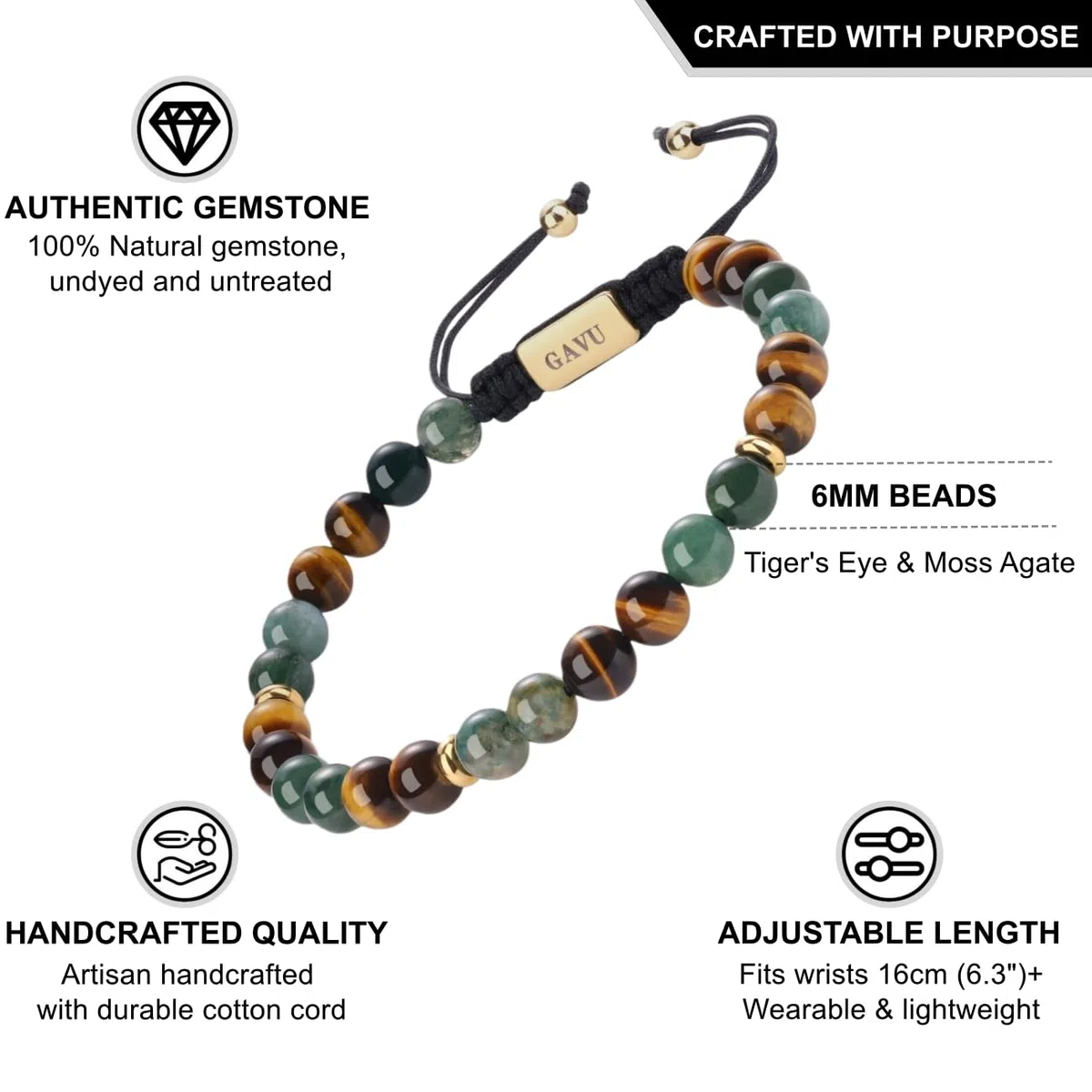GAVU Bracciale da Uomo in Pietre Naturali, Bracciale Occhio di Tigre da Uomo Regolabile