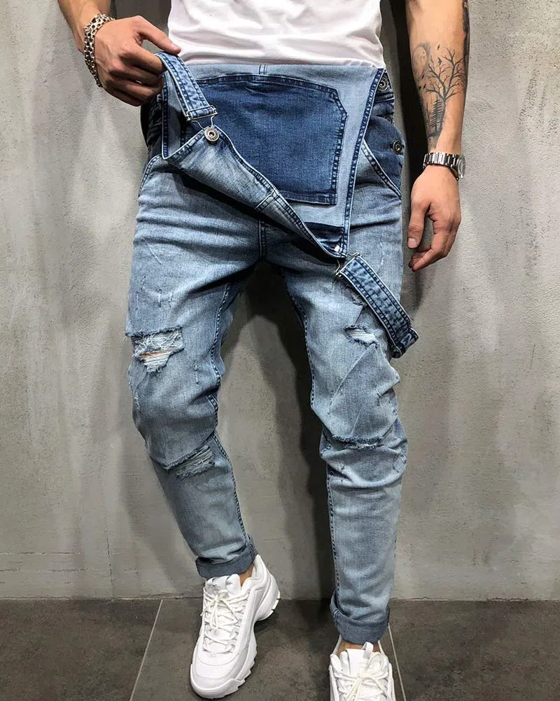 Salopette di Jeans da Uomo vestibilità Slim Jeans Lunghi Casual Pantaloni in Denim Tute